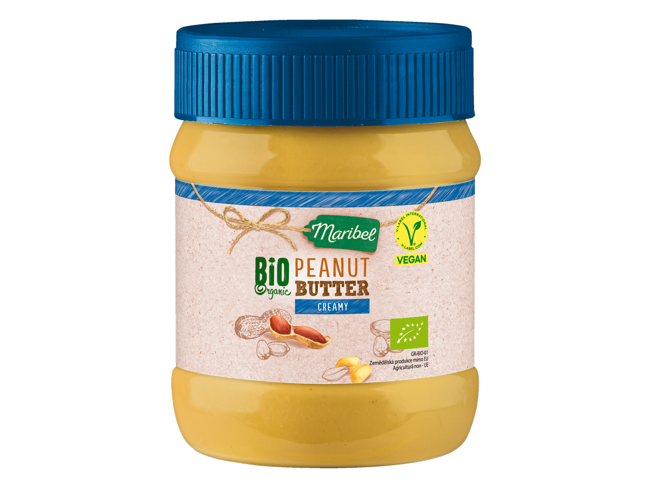 Borcan de unt de arahide cremos organic Maribel cu certificare V-Label Vegan.