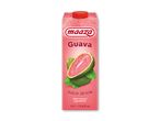 Guava juicedrik i en lyserød karton med illustrationer af guavafrugter.