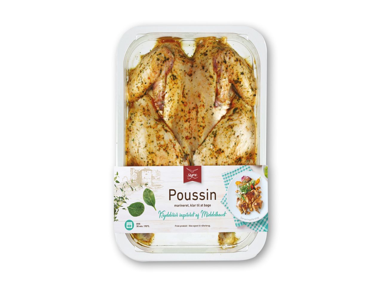 En pakke marineret poussin fra Sagra, klar til at bage, med middelhavsinspirerede krydderier.