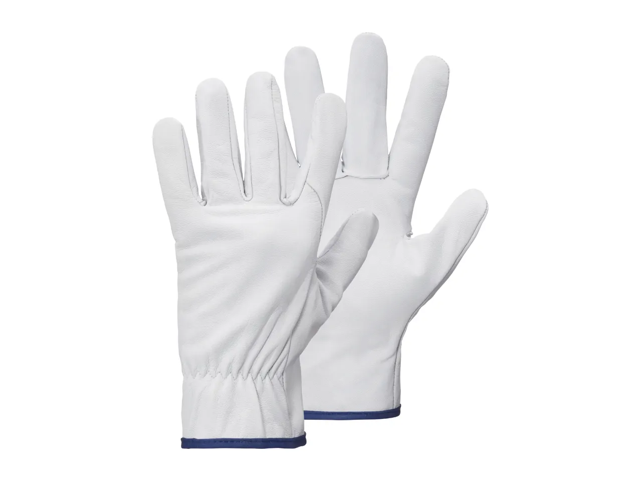 Pair of white leather work gloves with blue trim