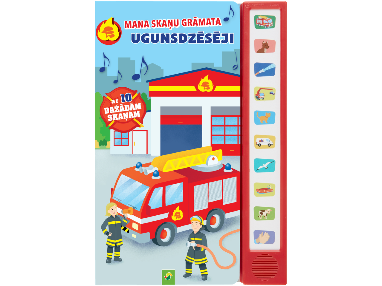 Skaņu grāmata bērniem 'Ugunsdzēsēji' ar 10 dažādām skaņām un ugunsdzēsēju mašīnu.