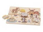 Wooden farm animal puzzle with horse, pig, dog, cow, rooster, chicks, and ducks.