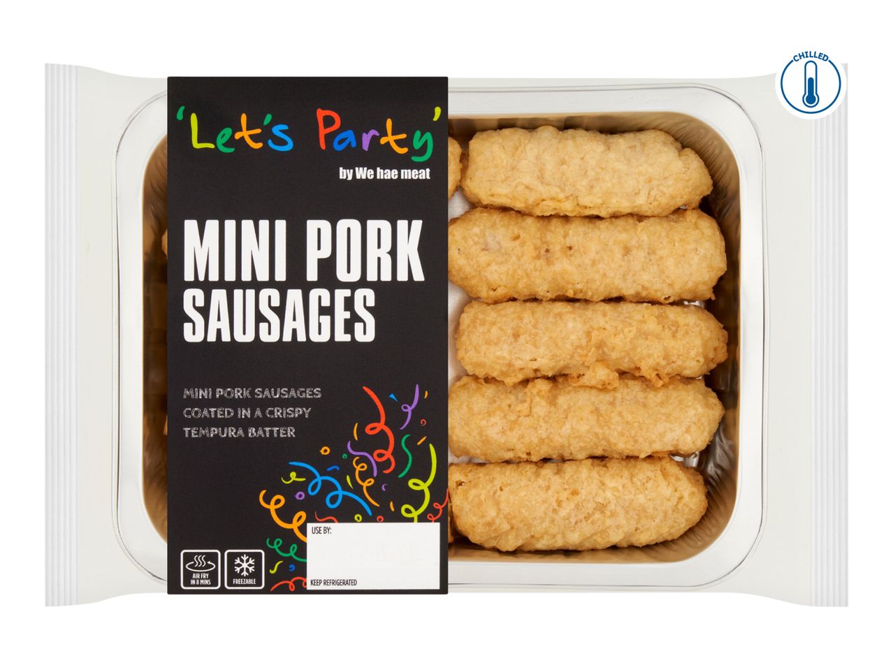 Chilled mini pork sausages coated in crispy tempura batter, ready for air frying or freezing.