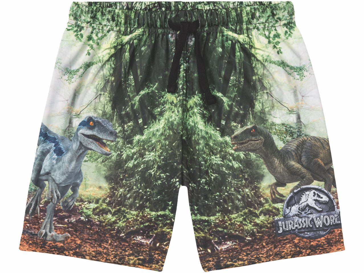 Pantaloncini a tema Jurassic World con dinosauri.