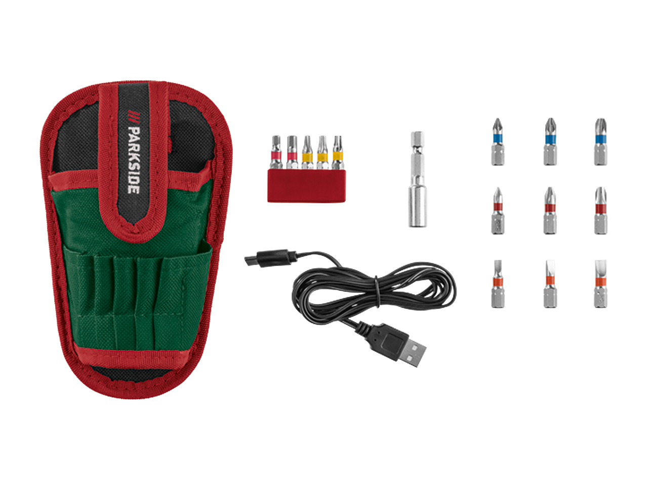 Комплект битове за отвертка с калъф, USB кабел и различни накрайници.