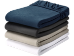 Stack of folded LIVARNO home Jersey Fitted Sheets in blue, gray, beige, and white.