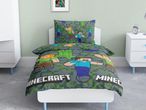 Minecraft gyerek ágynemű garnitúra, zöld-szürke kockás mintával.