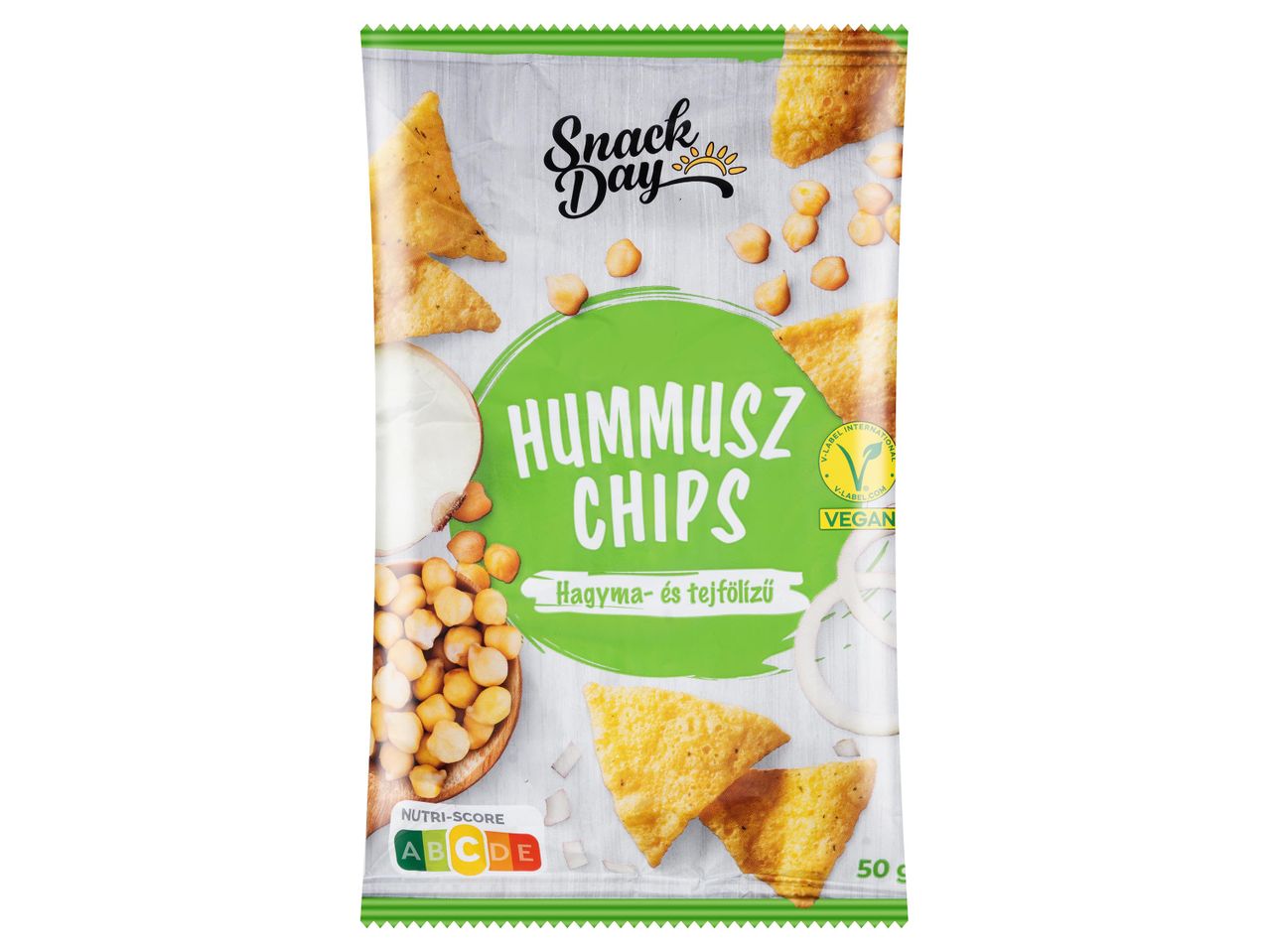 Snack Day Hummusz Chips hagyma- és tejfölízű, Nutri-Score C, vegán