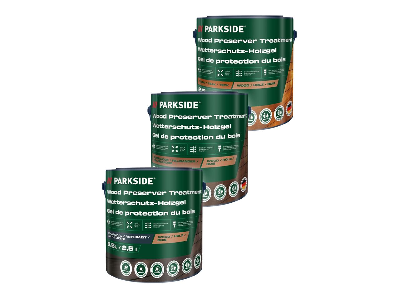 Drei Dosen Holzschutzgel in den Farben Teak, Palisander und Anthrazit.