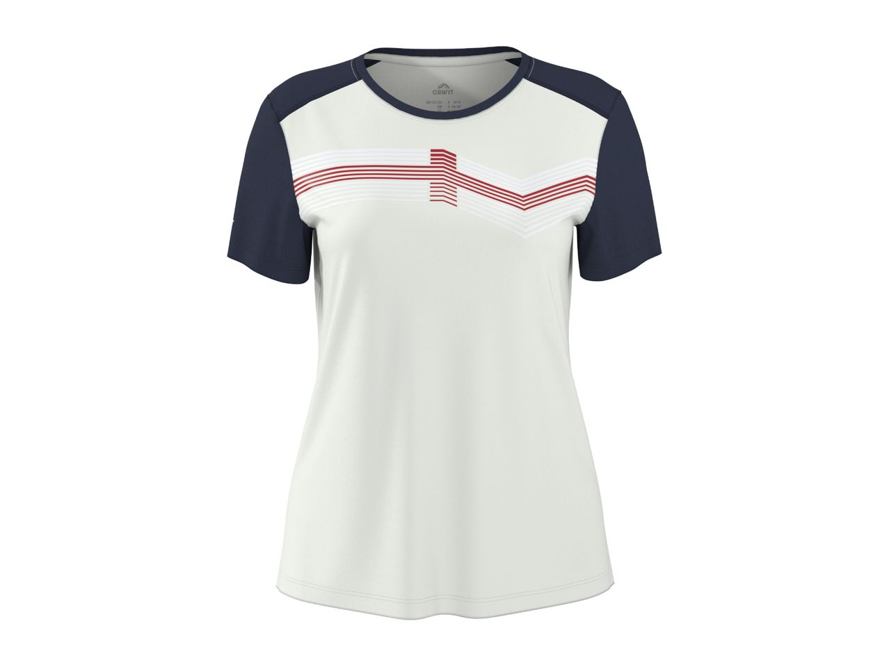 White and navy short-sleeved sports t-shirt with red and white stripes