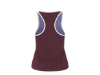 Top desportivo feminino CRIVIT bordeaux com alças roxas e bordas brancas, vista traseira.