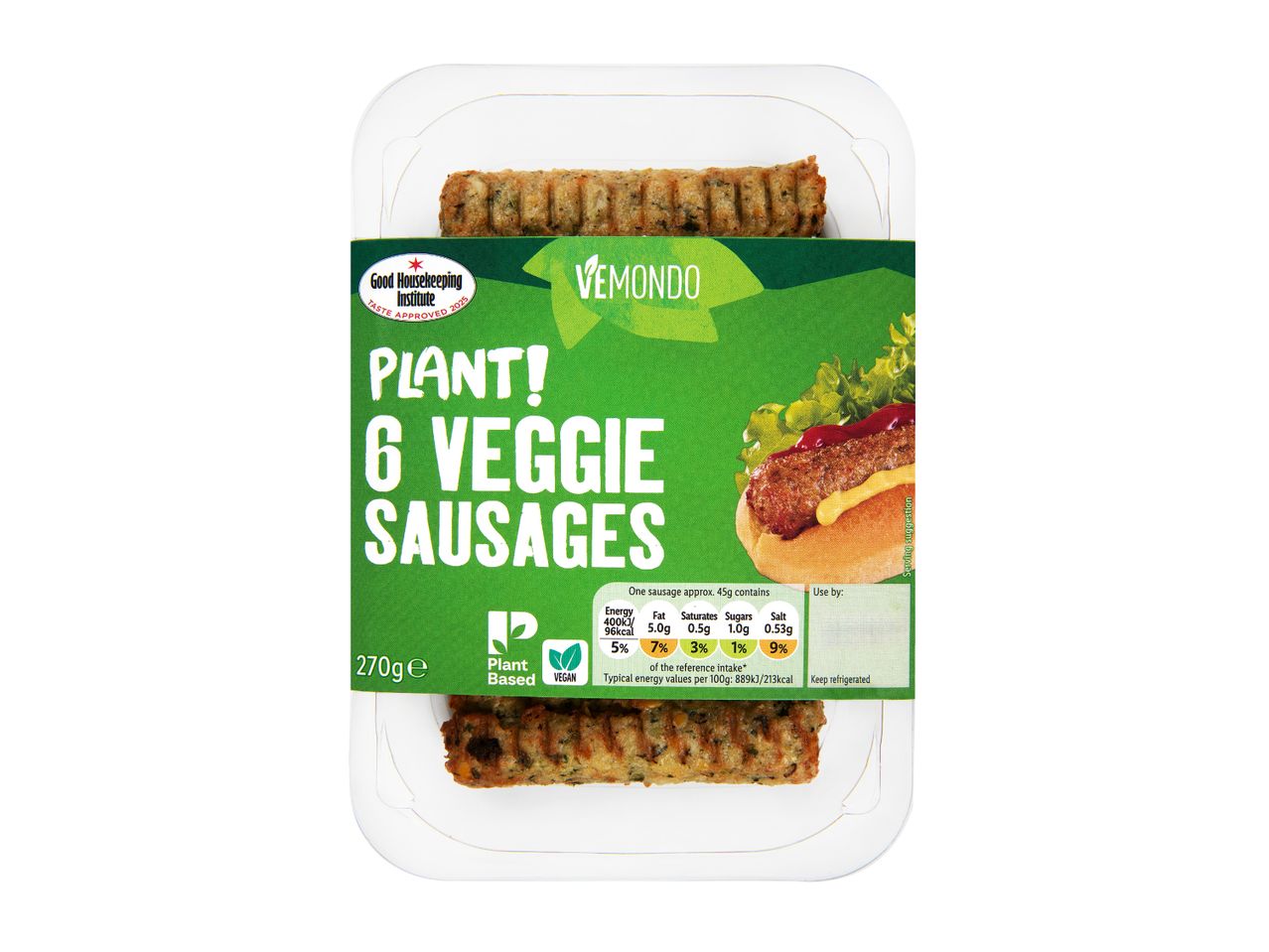 Plant-based veggie sausages in a clear tray with a green label, showing nutritional information.