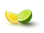 A lemon and lime wedge, juicy and vibrant, sit side-by-side against a white background.