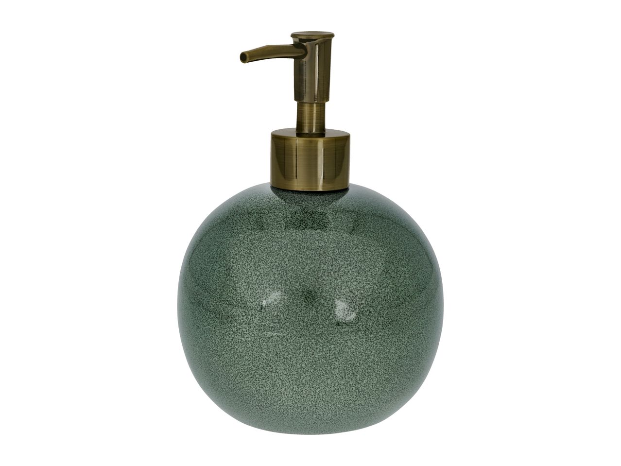 Green speckled soap dispenser with a bronze pump