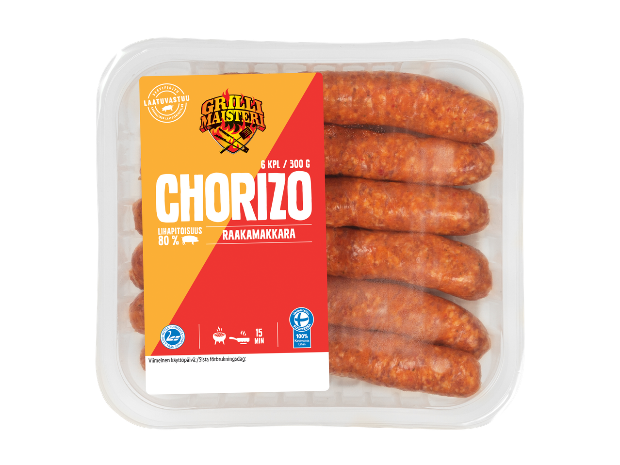 Pakkaus chorizo-raakamakkaroita, joissa on 80 % lihapitoisuus ja 100 % kotimaista lihaa.