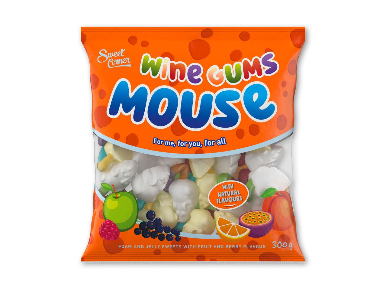 En pose Sweet Corner Wine Gums Mouse, 300g skum- og geléslik med frugt- og bærsmag.