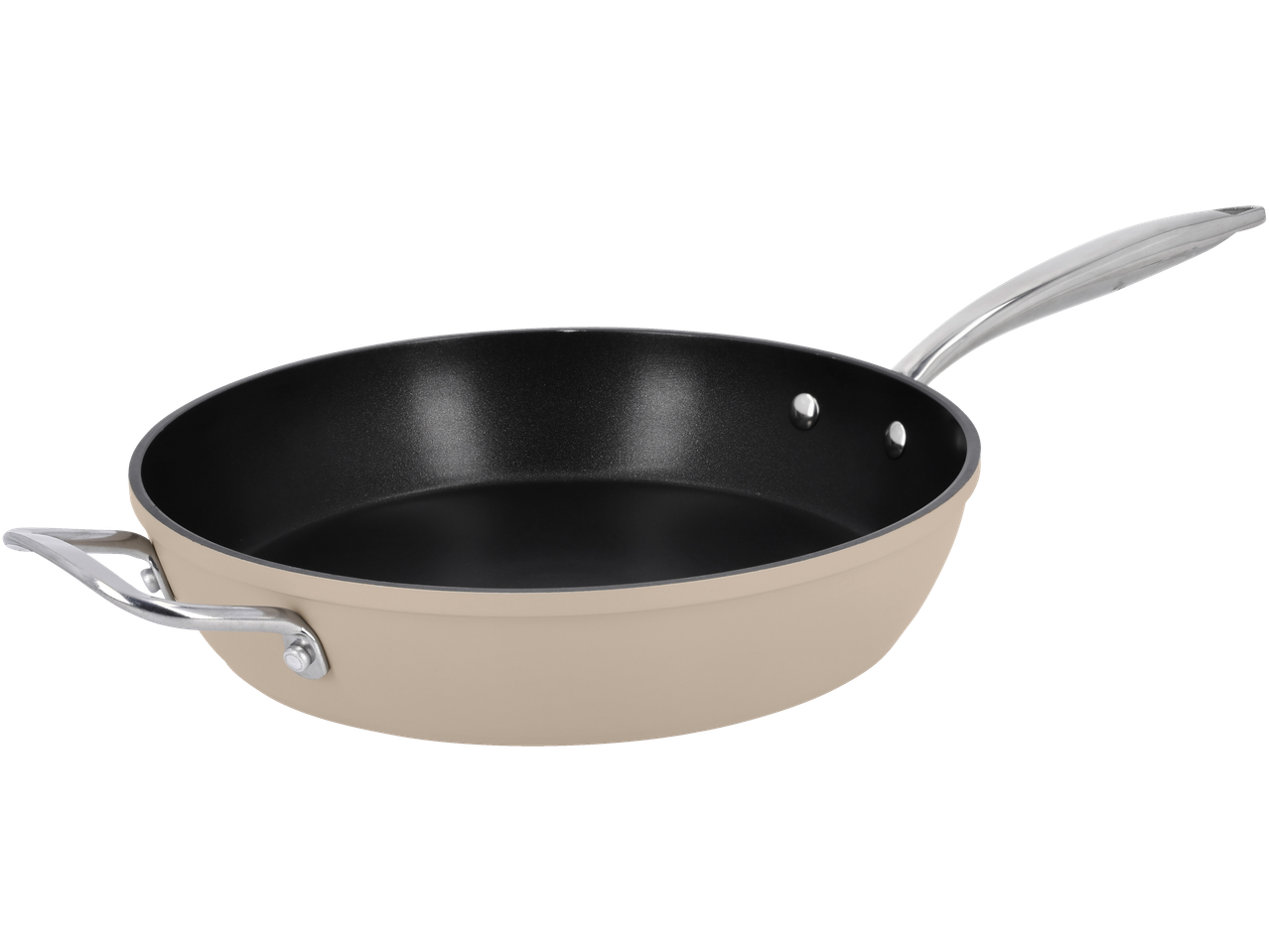 Smėlio spalvos keptuvė su juodu nepridegančiu paviršiumi ir dviem sidabrinėmis rankenomis