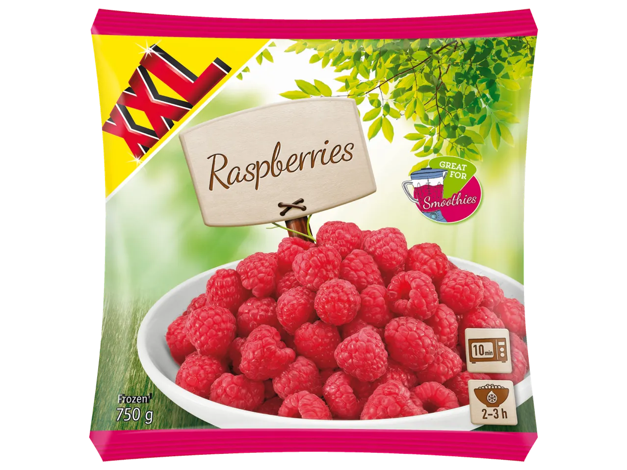 XXL frozen raspberries, great for smoothies, 750g.