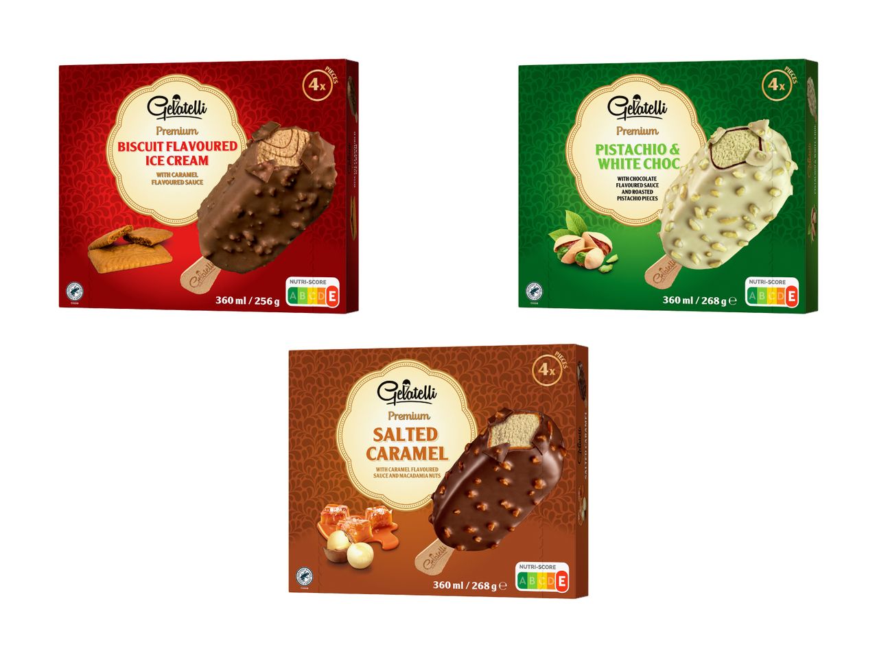 Drei Delacre Eis Sorten: Schokolade, Haselnuss und Karamell.