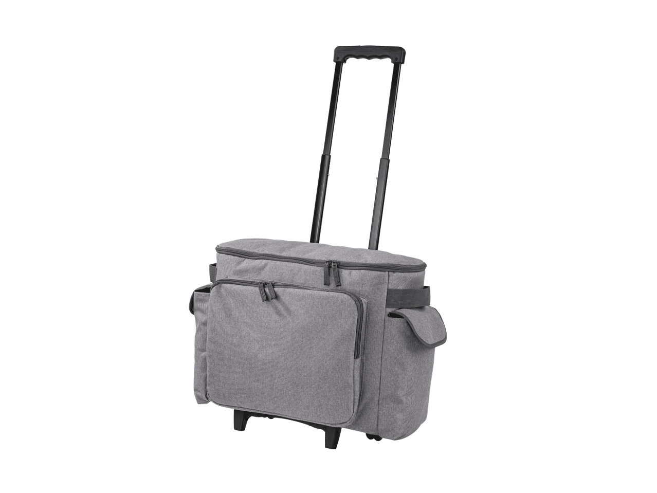 Borsa da cucito grigia con ruote e manico estensibile.