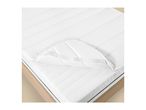 White mattress protector with elastic straps partially folded on a mattress