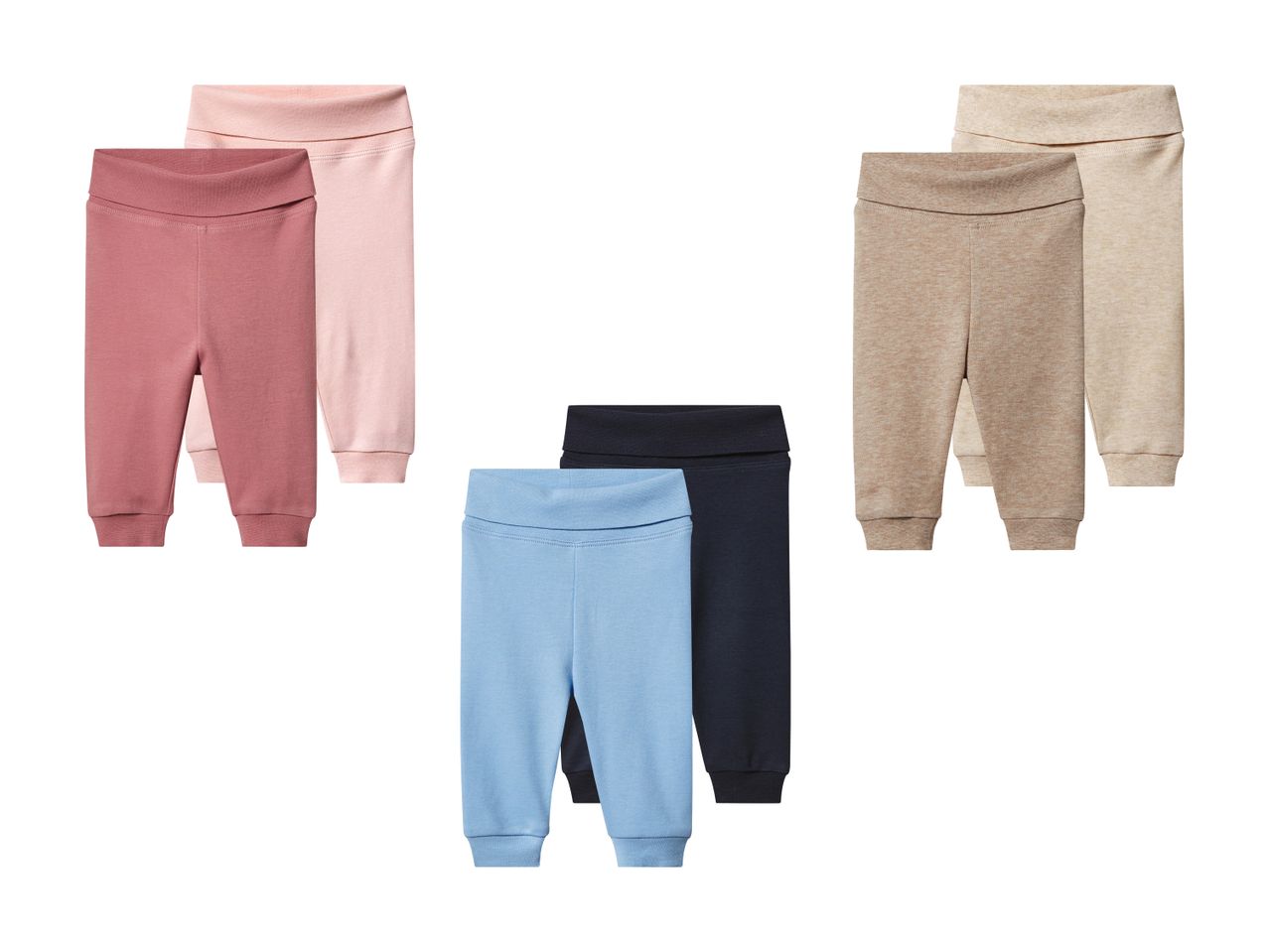 Sæt med tre par babybukser i lyserød, beige og blå/mørkeblå.