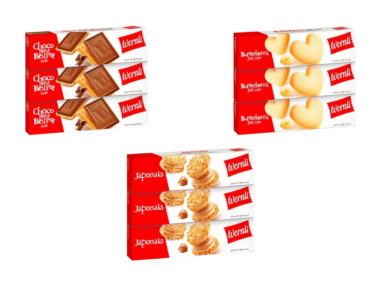 Drei Stapel Kekspackungen: Schoko-Butterkekse, Herz-Butterkekse und Haselnuss-Mandel-Kekse.