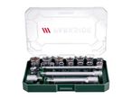 A socket wrench set with various sockets and extensions in a green and clear plastic case.