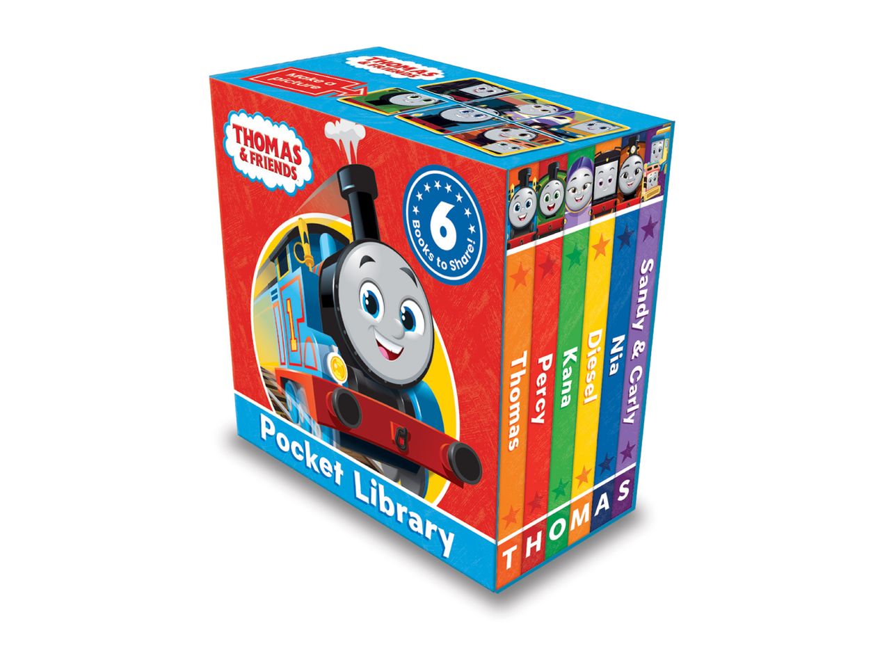 A Thomas & Friends pocket library box set with six books featuring characters like Thomas, Percy, and Nia.