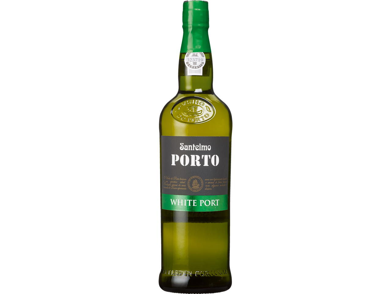 Bouteille de Porto blanc Santelmo sur fond noir.