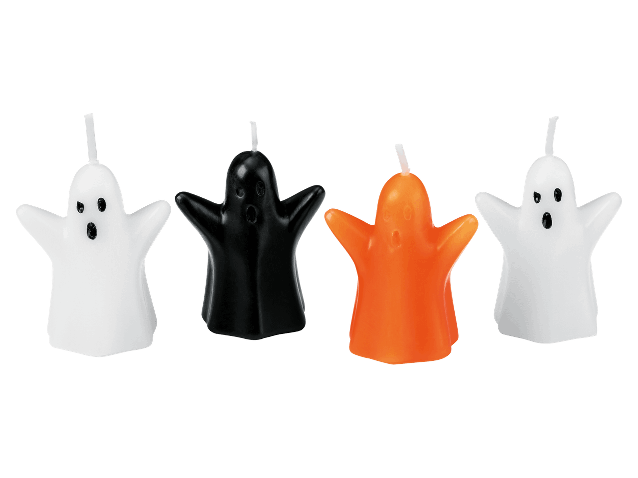 Négy darab szellem alakú, fehér, fekete és narancssárga halloweeni gyertya.