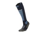 A single dark blue ski sock with light blue and grey stripes.