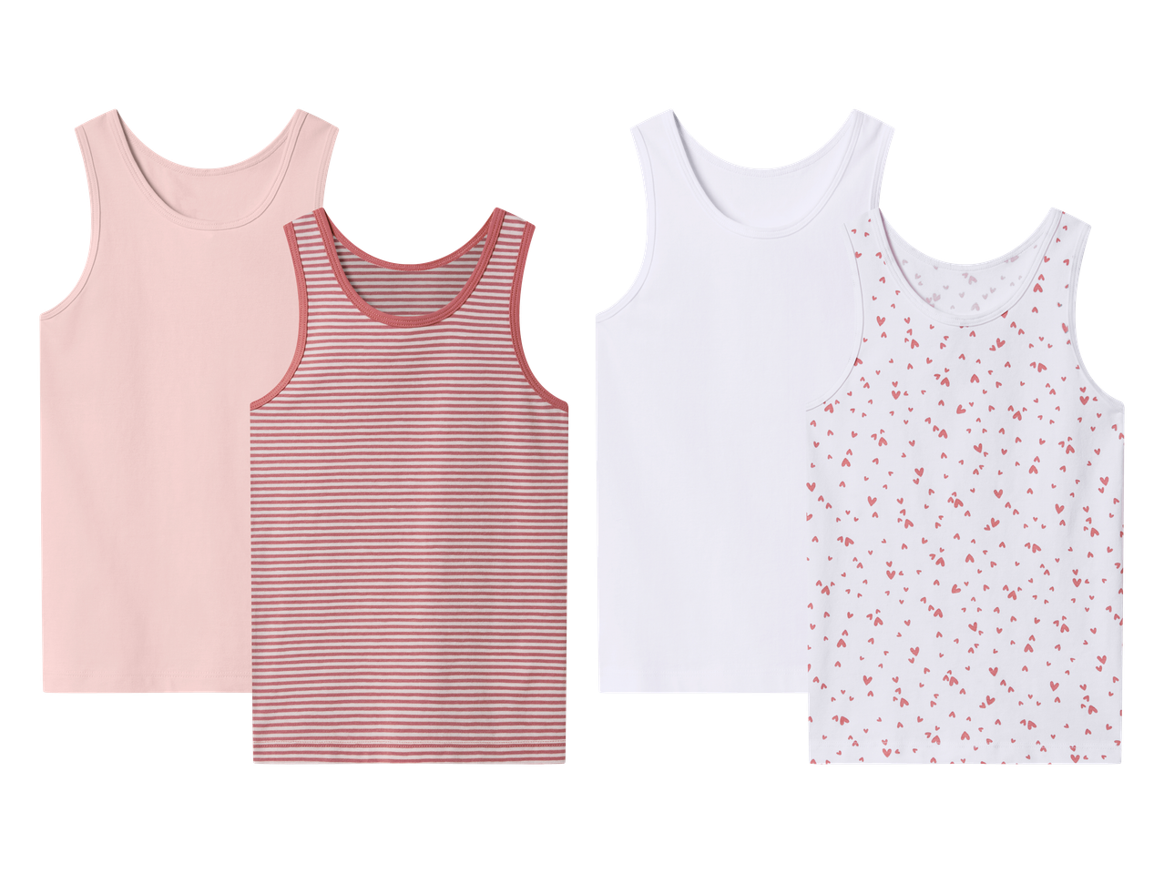 Set od četiri dječje potkošulje: dvije ružičaste, jedna prugasta i jedna s uzorkom srca.