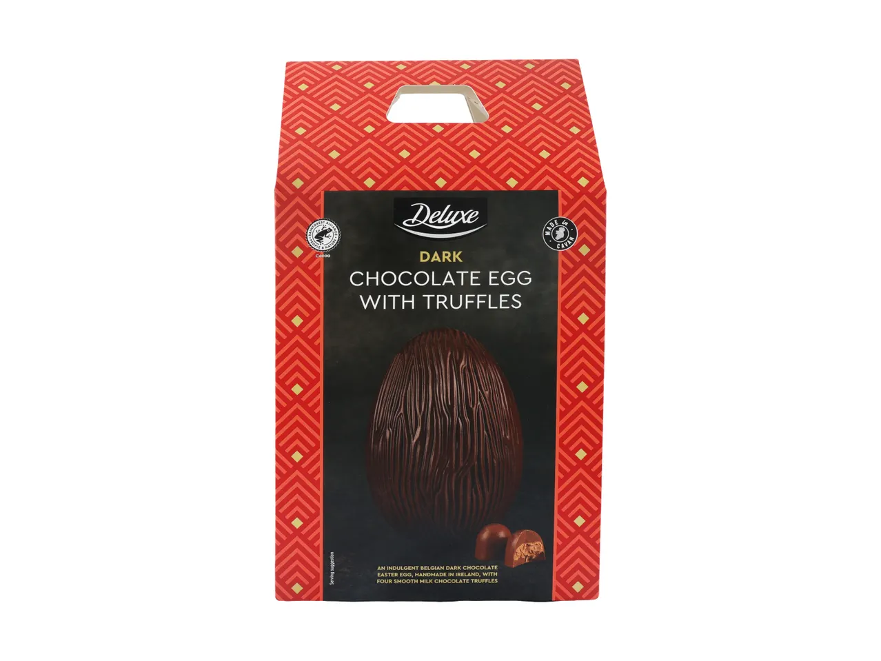 Dark chocolate Easter egg with truffles in a red and gold patterned box.