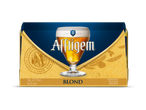 Verpakking van blond abdijbier met een glas bier, alcoholpercentage en inhoud.