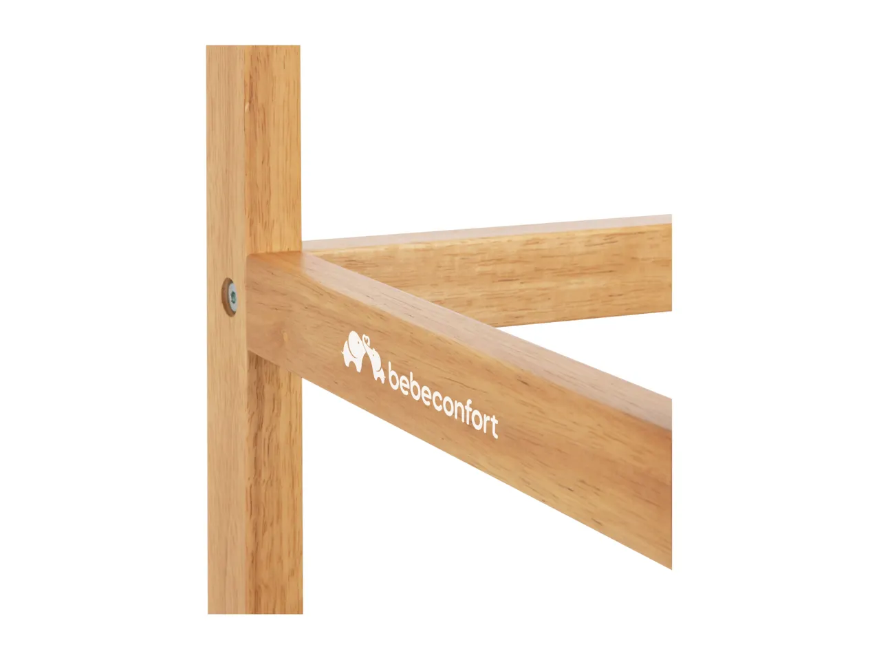 Wooden baby bed frame with an elephant logo and text