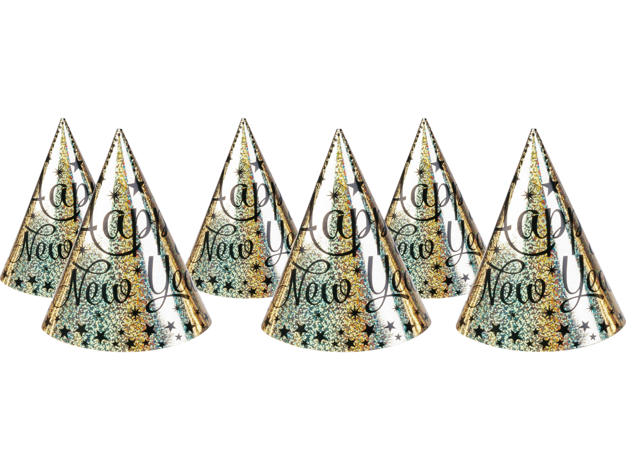 Šventinės kepurės su užrašu „Happy New Year“ ir žvaigždėmis