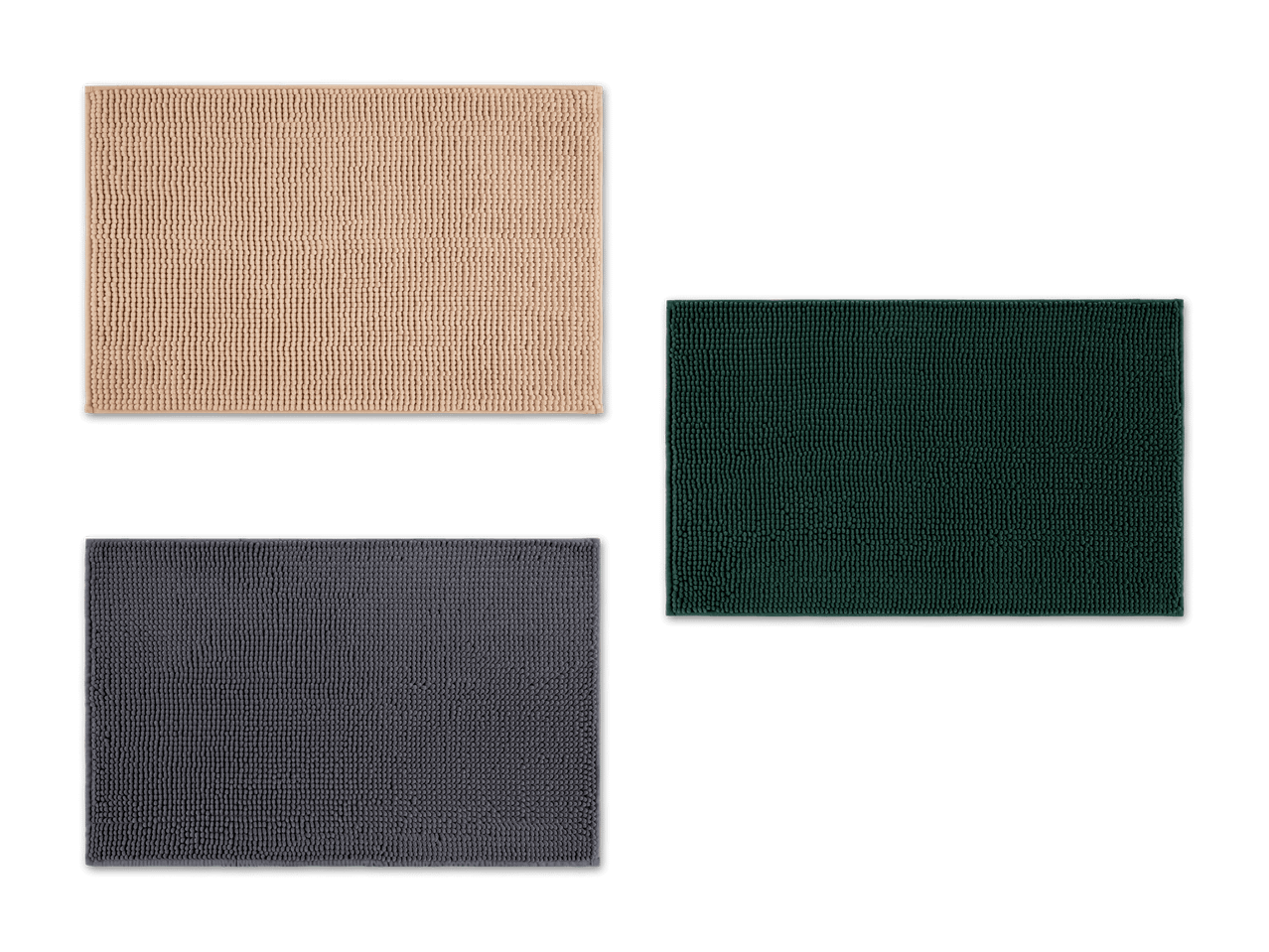 Drei Badematten in Beige, Dunkelgrün und Grau auf schwarzem Hintergrund.