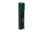Green and black LED work light with a red button and silver base.
