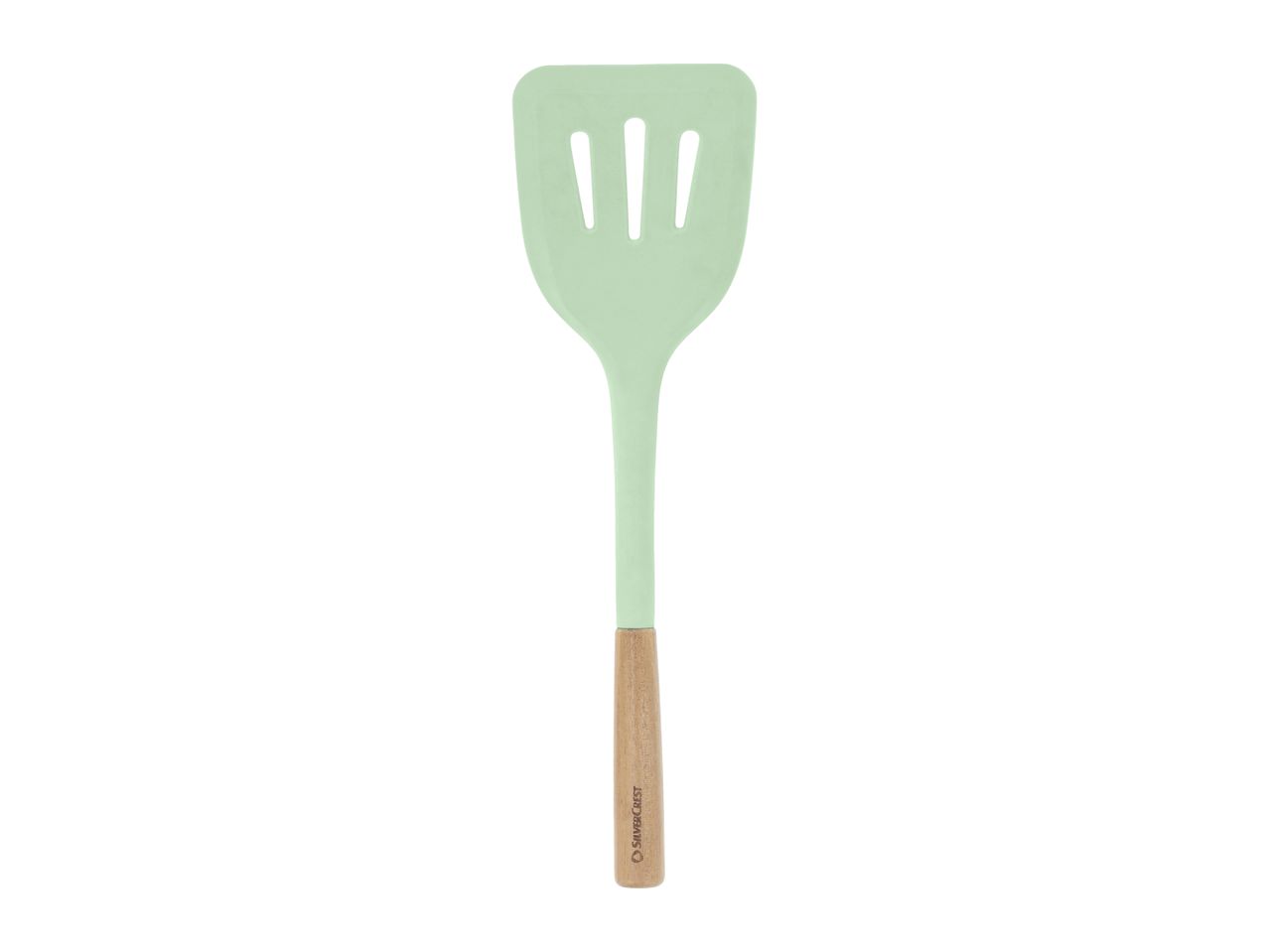 Light green slotted spatula with a wooden handle
