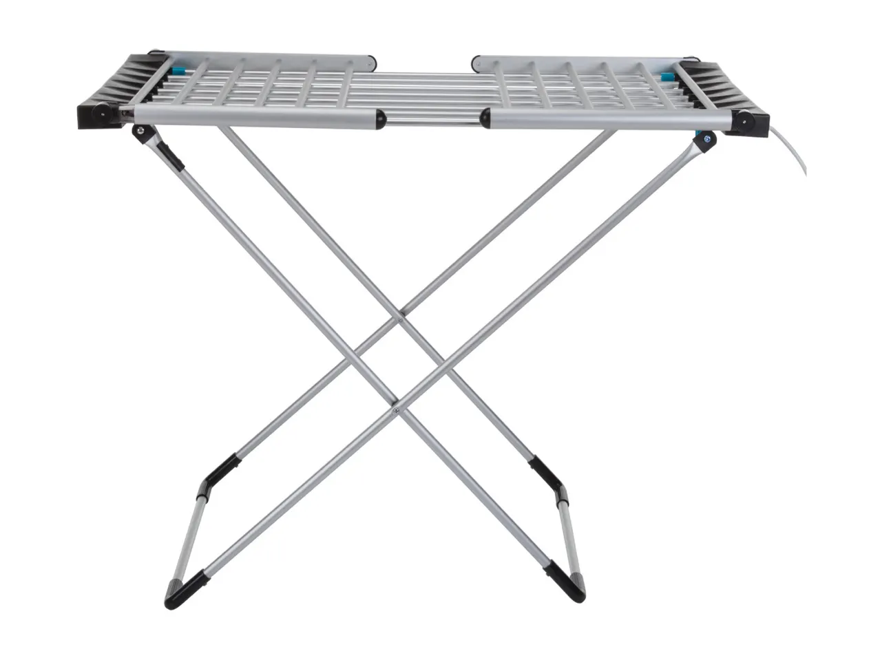 Silver clothes drying rack with an X-shaped frame and black accents.