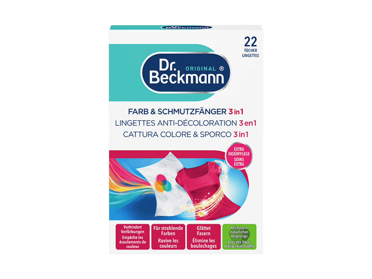 Paquet de lingettes anti-décoloration et anti-saleté 3 en 1 avec 22 lingettes, pour des couleurs éclatantes et des fibres lisses.