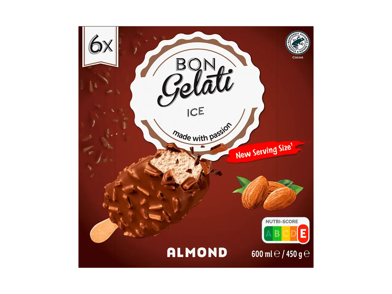 Packung mit 6 Mandel-Eis am Stiel mit Schokoladenüberzug, Nutri-Score E.