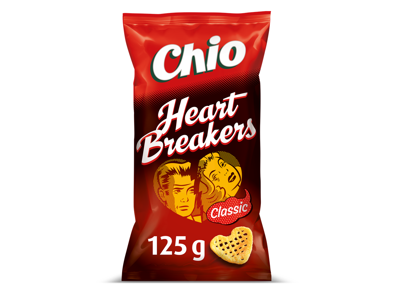 Een rode zak hartvormige chips met de tekst 'Heart Breakers Classic' en een gewichtsaanduiding van 125 g.