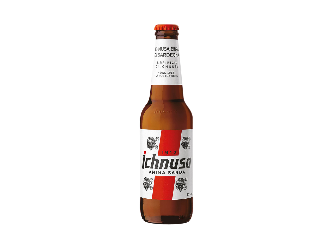 Una bottiglia di birra Ichnusa su sfondo nero.
