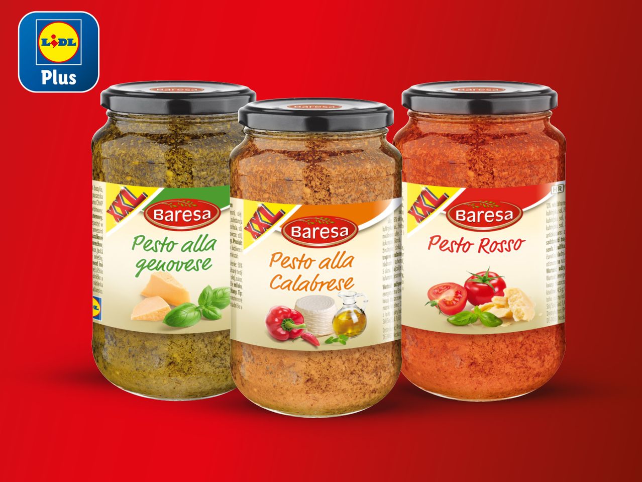 Tri staklenke Barese pesta (genovese, calabrese i rosso) na crvenoj pozadini.