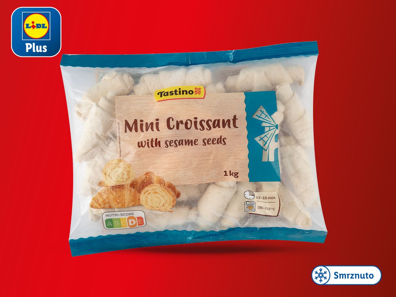 Pakiranje smrznutih mini kroasana sa sezamom marke Tastino, s logotipom Lidl Plus.