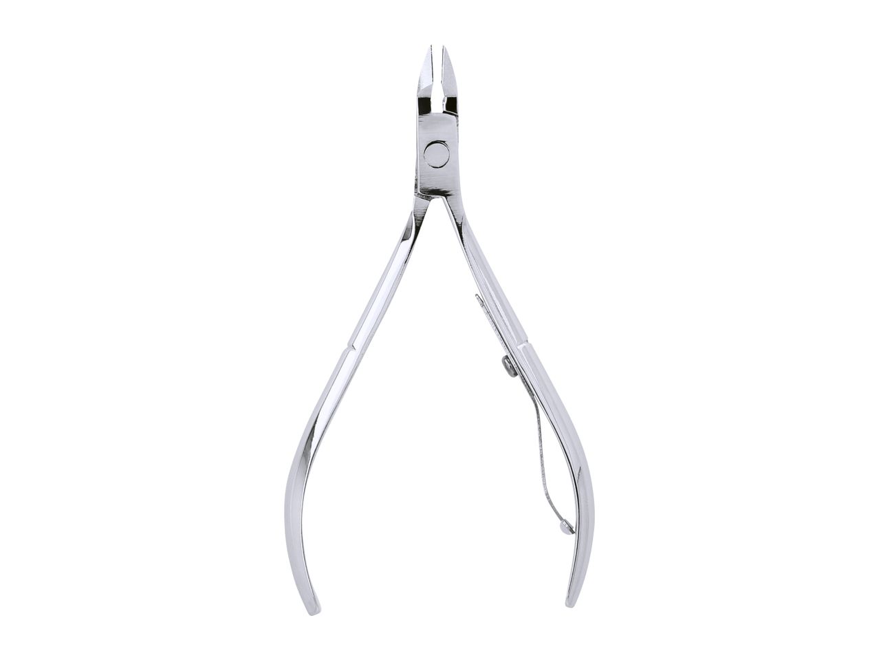 Silver cuticle nippers with a spring mechanism, isolated on a white background.