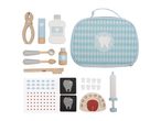 A wooden dentist play set with various tools, a mouth model, and a patterned carrying case.