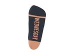 Dark blue sock with a peach-colored heel and toe, featuring the word 'WEDNESDAY'.